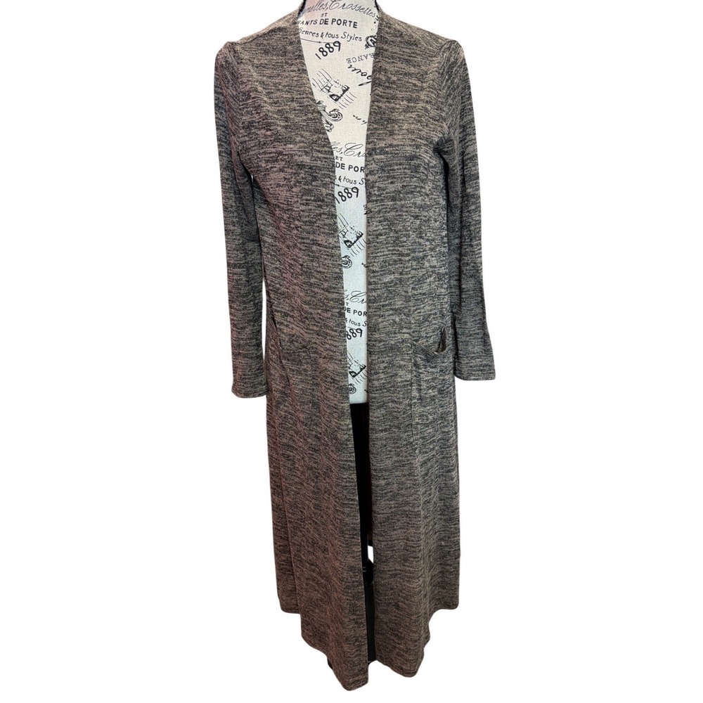 LuLaRoe Sarah Duster Cardigan Womens Small Grey Tan Marled Knit Open Front
